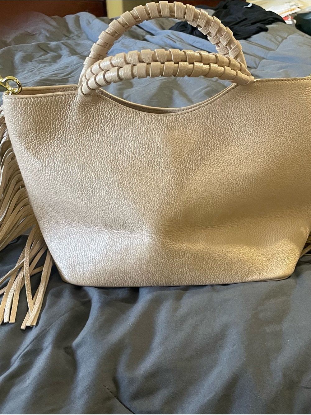 Johnny Was Neutral Beige Leather Fringe Tote Handbag. Handmade in Italy.